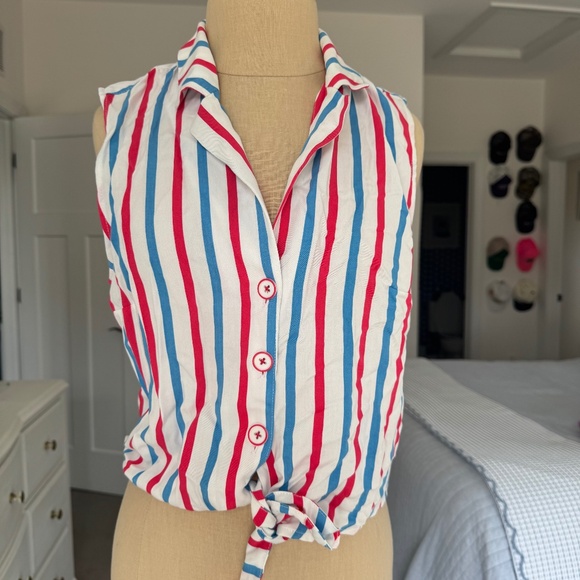 ModclothxBarbie Sleeveless Button Up Striped Red & Cornflower Blue - Picture 1 of 1